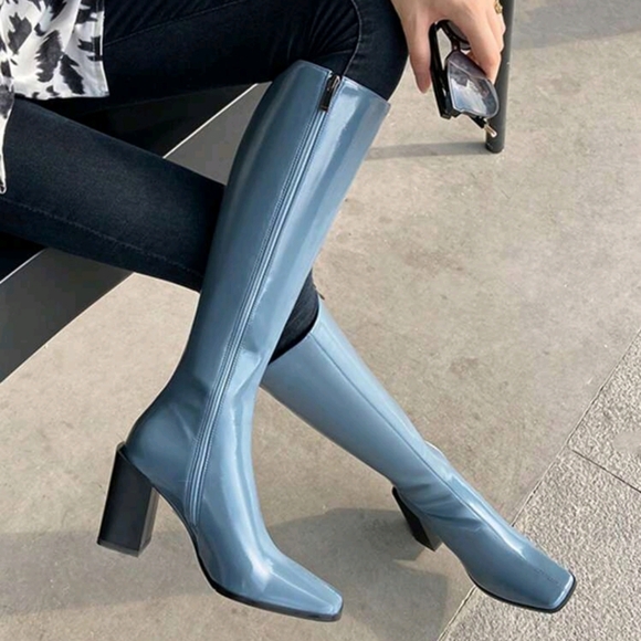 Shoes - Square Toe Knee High Boots,Autumn/Winter New Patent Leather Equestrian Boots